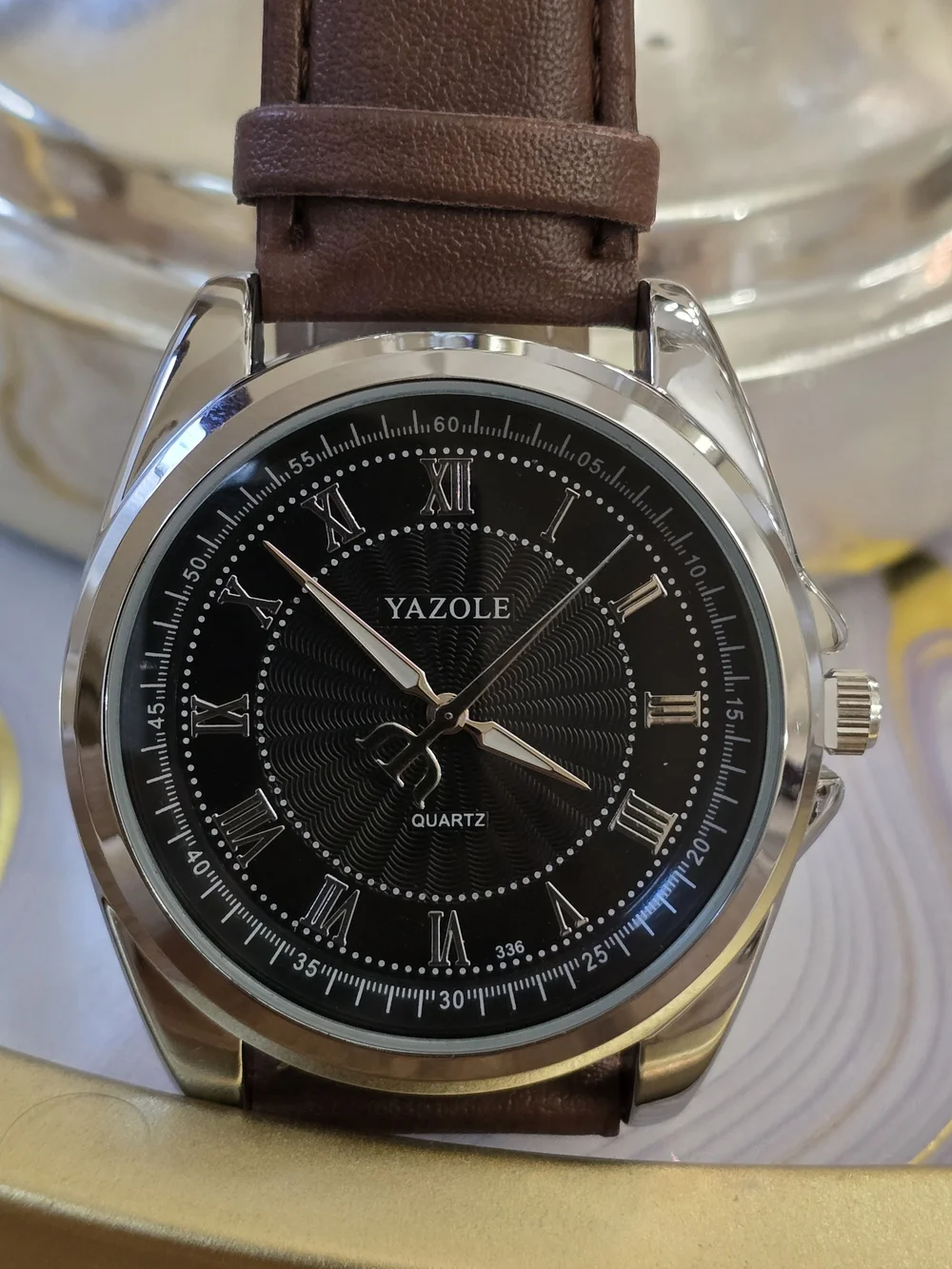 Men's Brown Leather Strap Watch with Black Dial